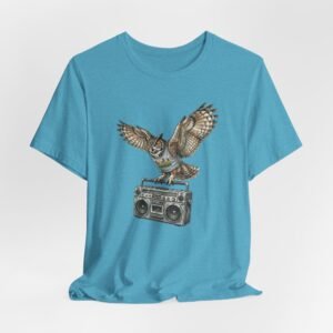 owl & boombox graphic tee — retro wildlife music t shirt in heather colors