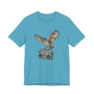 owl & boombox graphic tee — retro wildlife music t shirt in heather colors