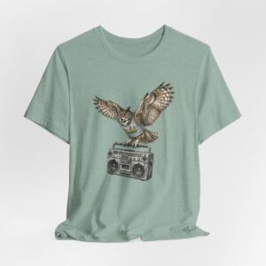 owl & boombox graphic tee — retro wildlife music t shirt in heather colors