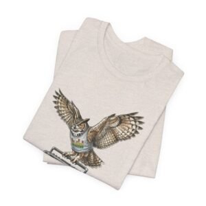 owl & boombox graphic tee — retro wildlife music t shirt in heather colors