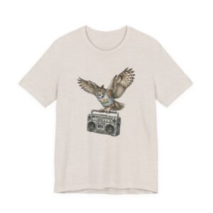 owl & boombox graphic tee — retro wildlife music t shirt in heather colors