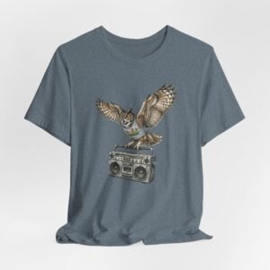 owl & boombox graphic tee — retro wildlife music t shirt in heather colors