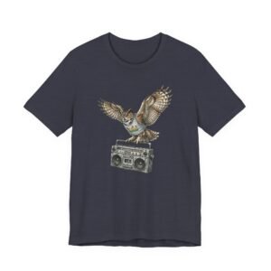 owl & boombox graphic tee — retro wildlife music t shirt in heather colors