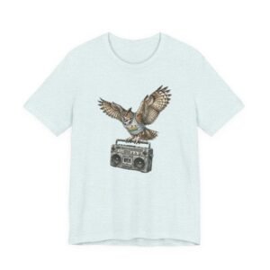 owl & boombox graphic tee — retro wildlife music t shirt in heather colors