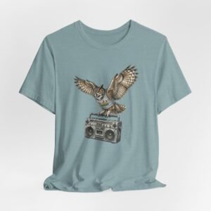 owl & boombox graphic tee — retro wildlife music t shirt in heather colors