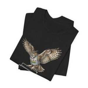 owl & boombox graphic tee — retro wildlife music t shirt in heather colors