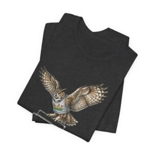 owl & boombox graphic tee — retro wildlife music t shirt in heather colors