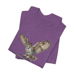 owl & boombox graphic tee — retro wildlife music t shirt in heather colors