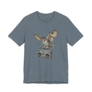 owl & boombox graphic tee — retro wildlife music t shirt in heather colors