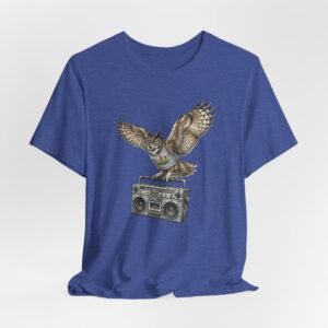 owl & boombox graphic tee — retro wildlife music t shirt in heather colors
