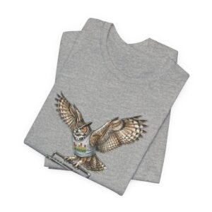 owl & boombox graphic tee — retro wildlife music t shirt in heather colors