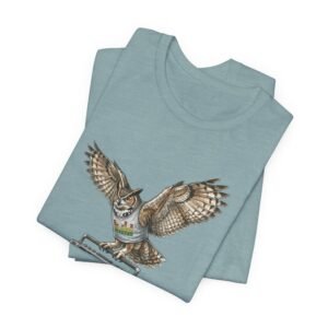owl & boombox graphic tee — retro wildlife music t shirt in heather colors