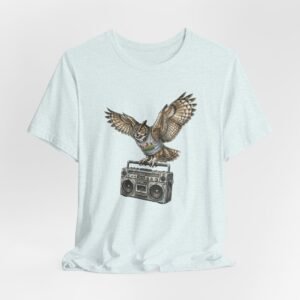 owl & boombox graphic tee — retro wildlife music t shirt in heather colors