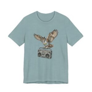 owl & boombox graphic tee — retro wildlife music t shirt in heather colors