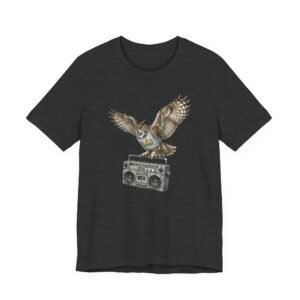 owl & boombox graphic tee — retro wildlife music t shirt in heather colors