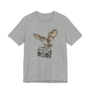 owl & boombox graphic tee — retro wildlife music t shirt in heather colors