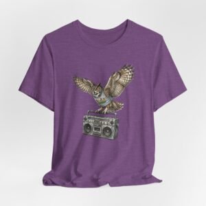 owl & boombox graphic tee — retro wildlife music t shirt in heather colors