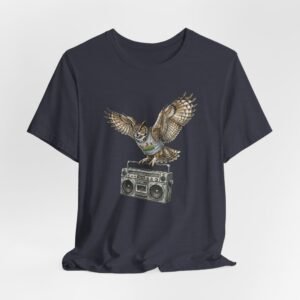 owl & boombox graphic tee — retro wildlife music t shirt in heather colors