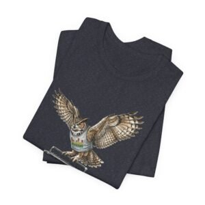 owl & boombox graphic tee — retro wildlife music t shirt in heather colors