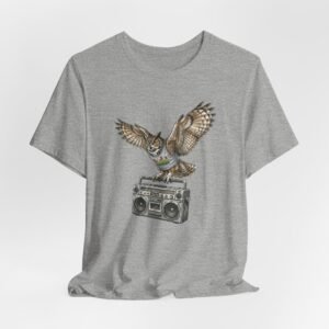 owl & boombox graphic tee — retro wildlife music t shirt in heather colors