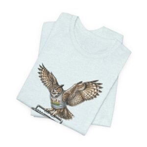 owl & boombox graphic tee — retro wildlife music t shirt in heather colors
