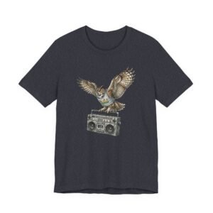 owl & boombox graphic tee — retro wildlife music t shirt in heather colors