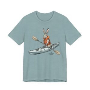 Kayaking Rabbit T-Shirt — Rabbit in Life Jacket Paddling Kayak Graphic Tee