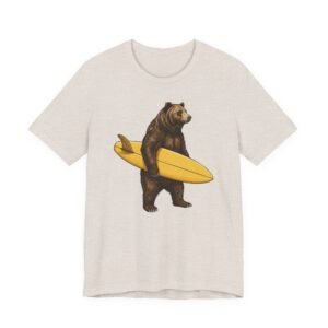 Bear Surfer Tee – Vintage Bear Holding a Single Fin Yellow Surfboard Graphic T-Shirt