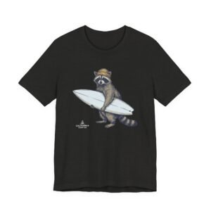 Raccoon Surfer T‑Shirt – Vintage Beach Surfboard Graphic Tee in Heather Colors