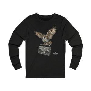 Owl flying in the Boombox Long Sleeve Tee - Retro Hip-Hop Owl T-Shirt