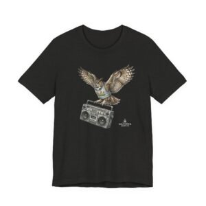 Owl & Boombox Graphic Tee — Retro Wildlife Music T-Shirt in Heather Colors