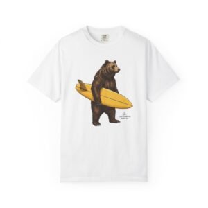 Bear Surfer Tee – Vintage Bear Holding a Single Fin Yellow Surfboard Graphic Comfort Colors 1717 T-Shirt