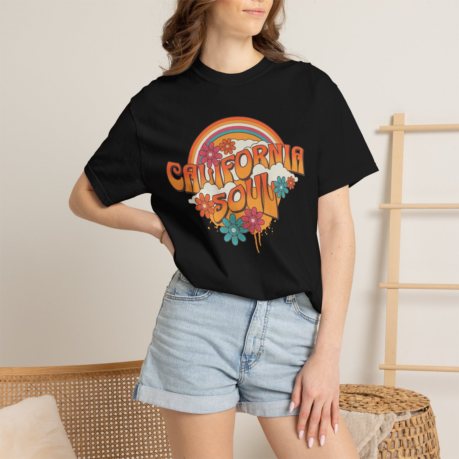 California Soul T-Shirt - Retro Rainbow Floral Graphic on Comfort Colors 1717 Tee - Image 48