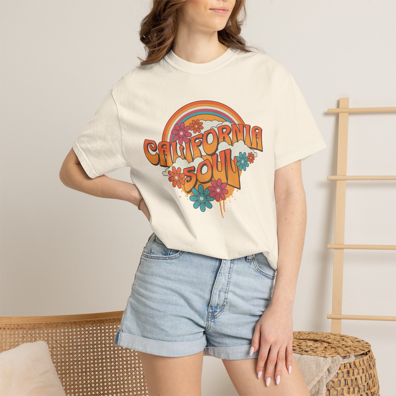 California Soul T-Shirt - Retro Rainbow Floral Graphic on Comfort Colors 1717 Tee - Image 12