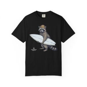 Raccoon Surfer T‑Shirt – Vintage Beach Surfboard Graphic on Comfort Colors 1717 Tee