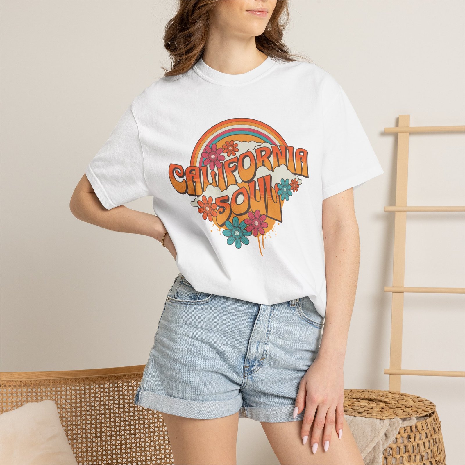 California Soul T-Shirt - Retro Rainbow Floral Graphic on Comfort Colors 1717 Tee - Image 4