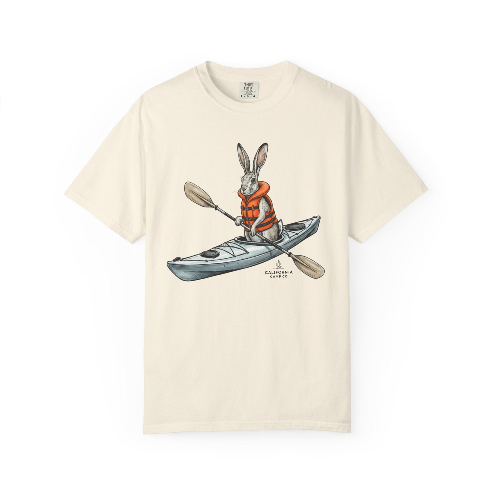 Kayaking Rabbit T-Shirt — Rabbit in Life Jacket Paddling Kayak Graphic on Comfort Colors 1717 Tee - Image 6