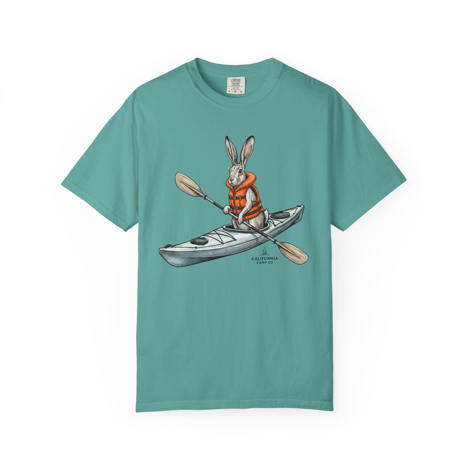 Kayaking Rabbit T-Shirt — Rabbit in Life Jacket Paddling Kayak Graphic on Comfort Colors 1717 Tee - Image 9