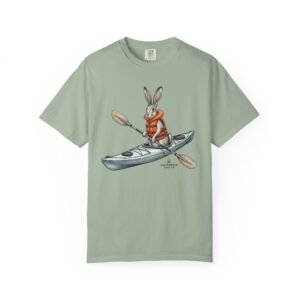 Kayaking Rabbit T-Shirt — Rabbit in Life Jacket Paddling Kayak Graphic on Comfort Colors 1717 Tee