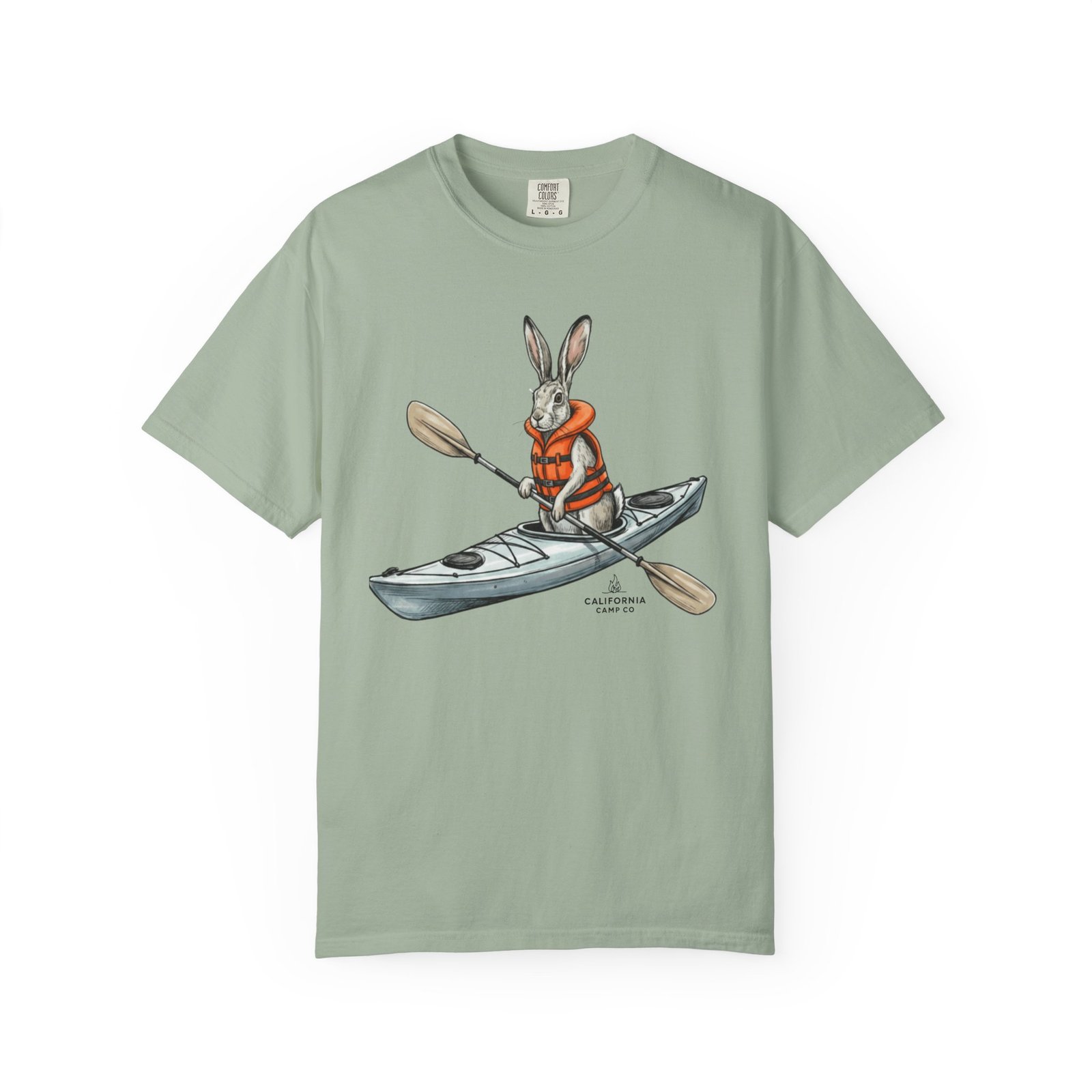 Kayaking Rabbit T-Shirt — Rabbit in Life Jacket Paddling Kayak Graphic on Comfort Colors 1717 Tee