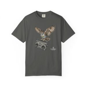 Owl & Boombox Graphic Tee — Retro Wildlife Music Design on Comfort Colors 1717 T-Shirt