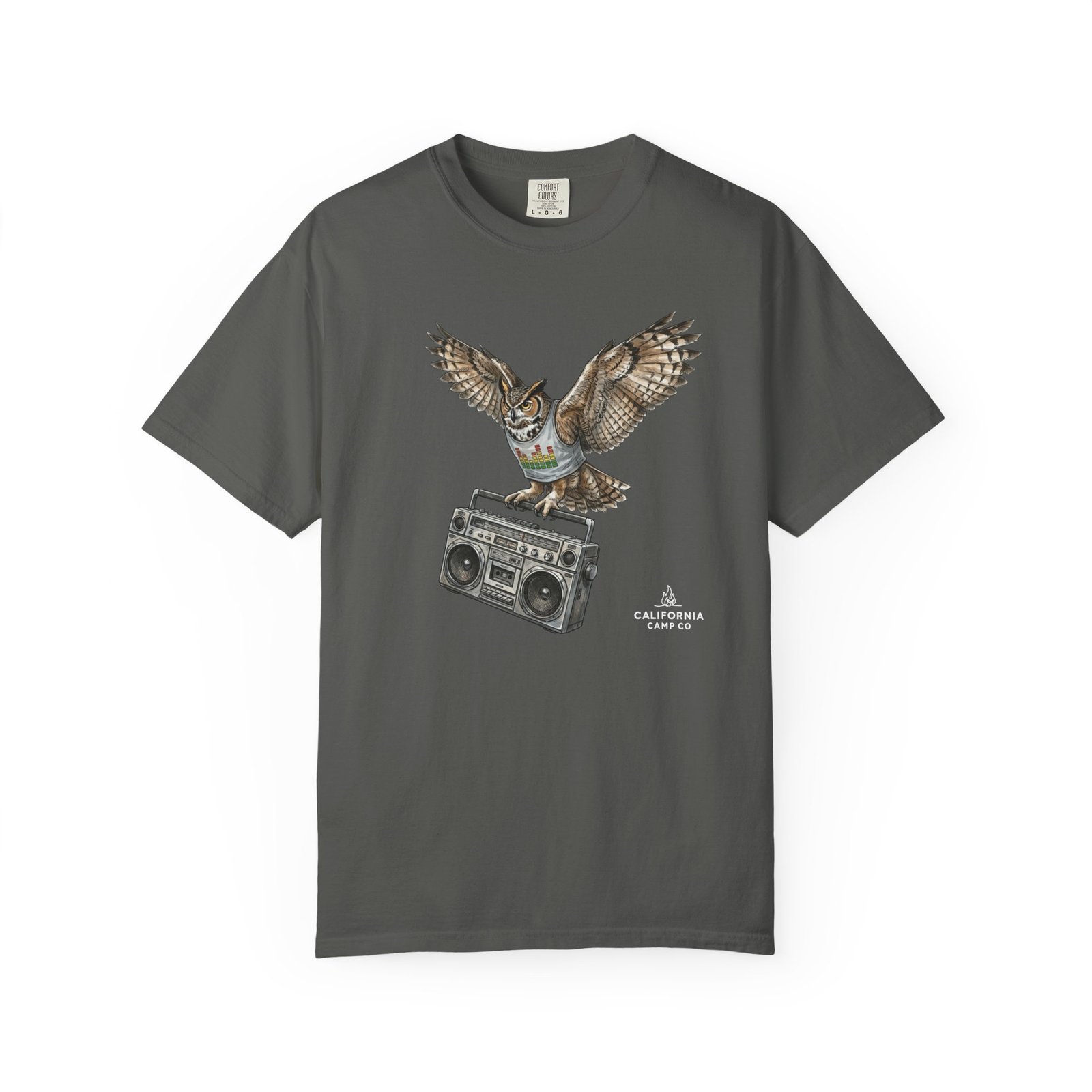 Owl & Boombox Graphic Tee — Retro Wildlife Music Design on Comfort Colors 1717 T-Shirt