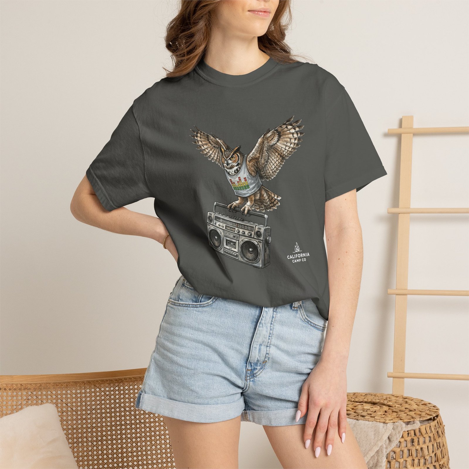 Owl & Boombox Graphic Tee — Retro Wildlife Music Design on Comfort Colors 1717 T-Shirt - Image 2