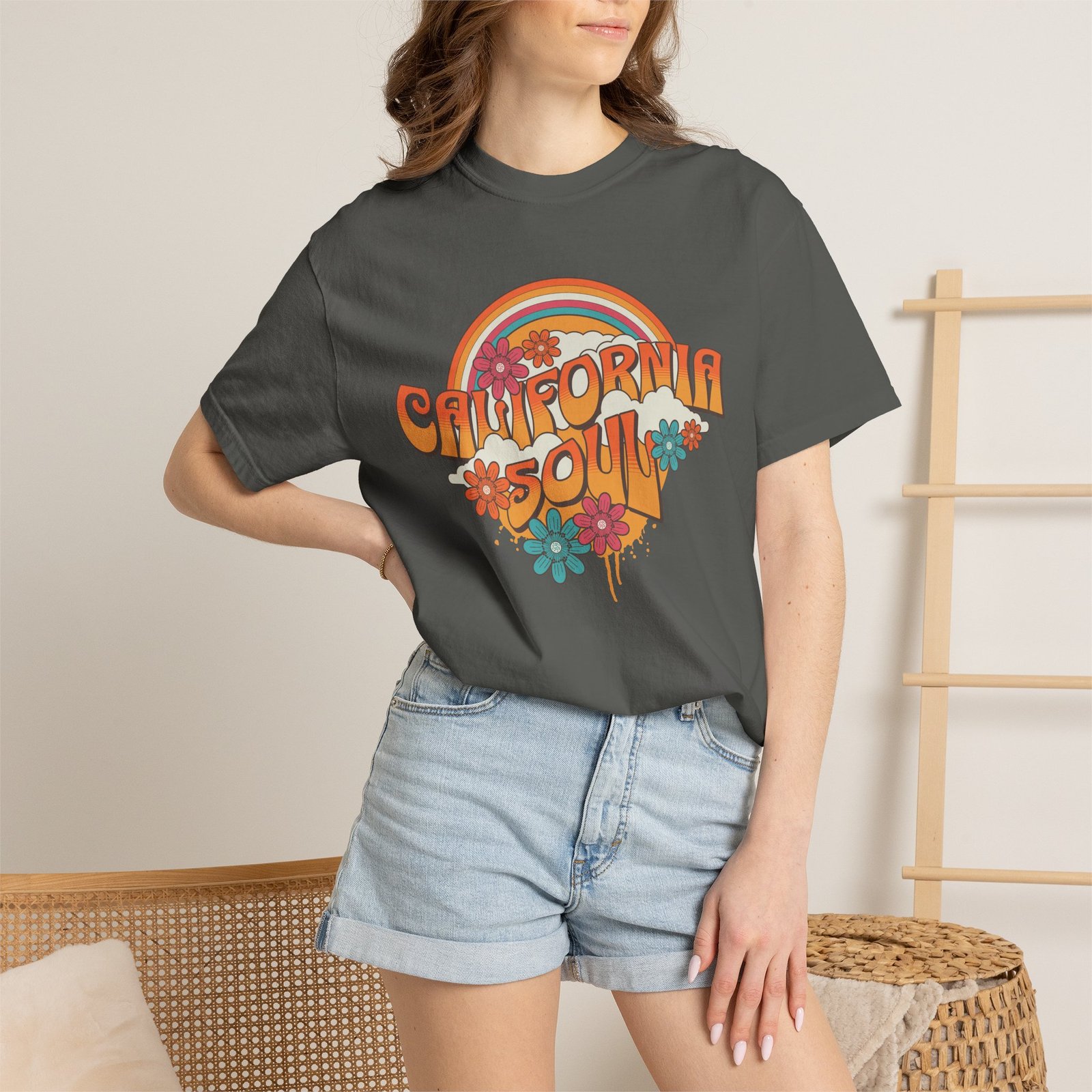California Soul T-Shirt - Retro Rainbow Floral Graphic on Comfort Colors 1717 Tee - Image 24