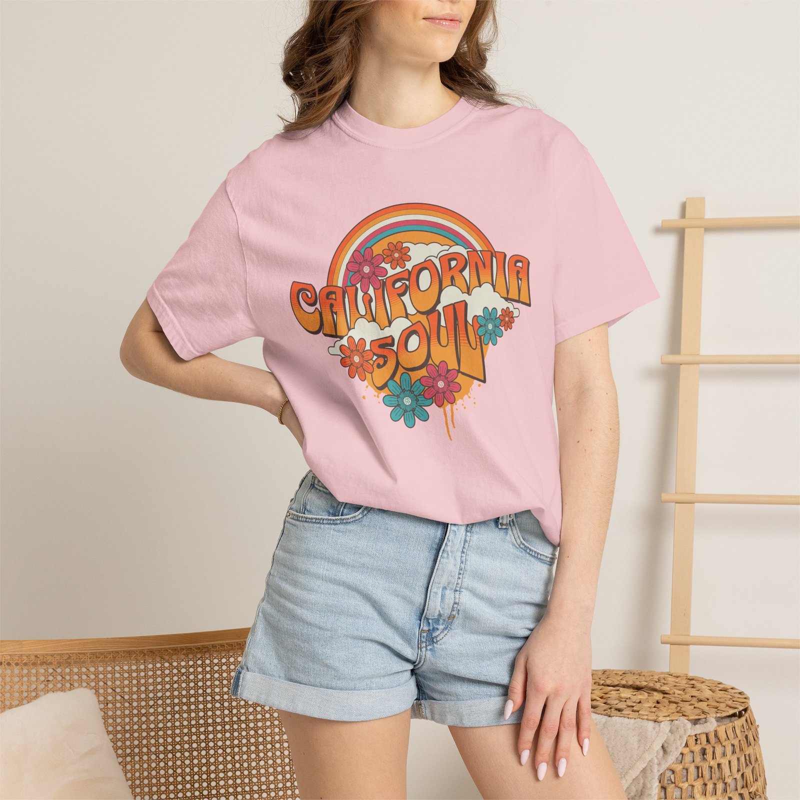 California Soul T-Shirt - Retro Rainbow Floral Graphic on Comfort Colors 1717 Tee - Image 52