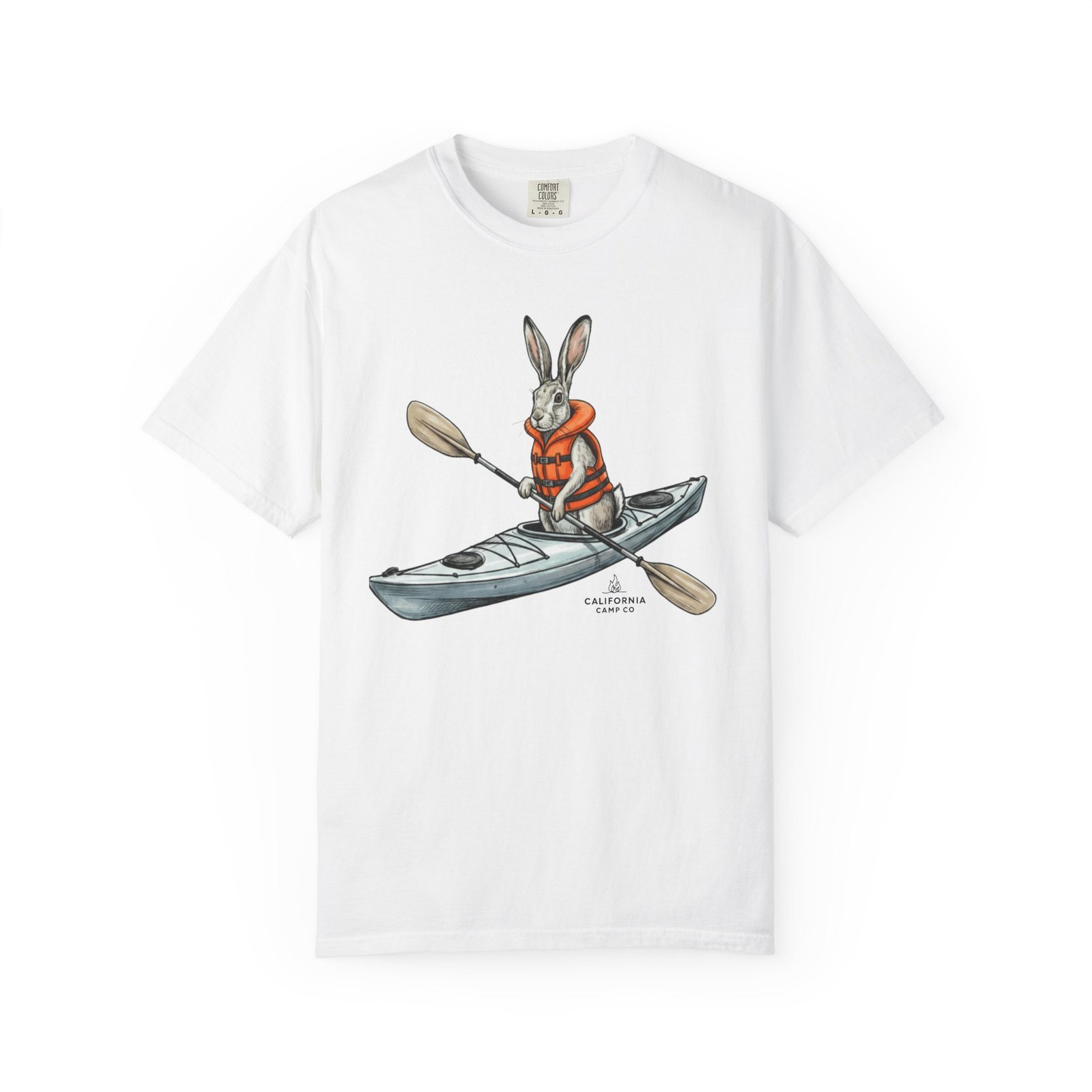 Kayaking Rabbit T-Shirt — Rabbit in Life Jacket Paddling Kayak Graphic on Comfort Colors 1717 Tee - Image 5