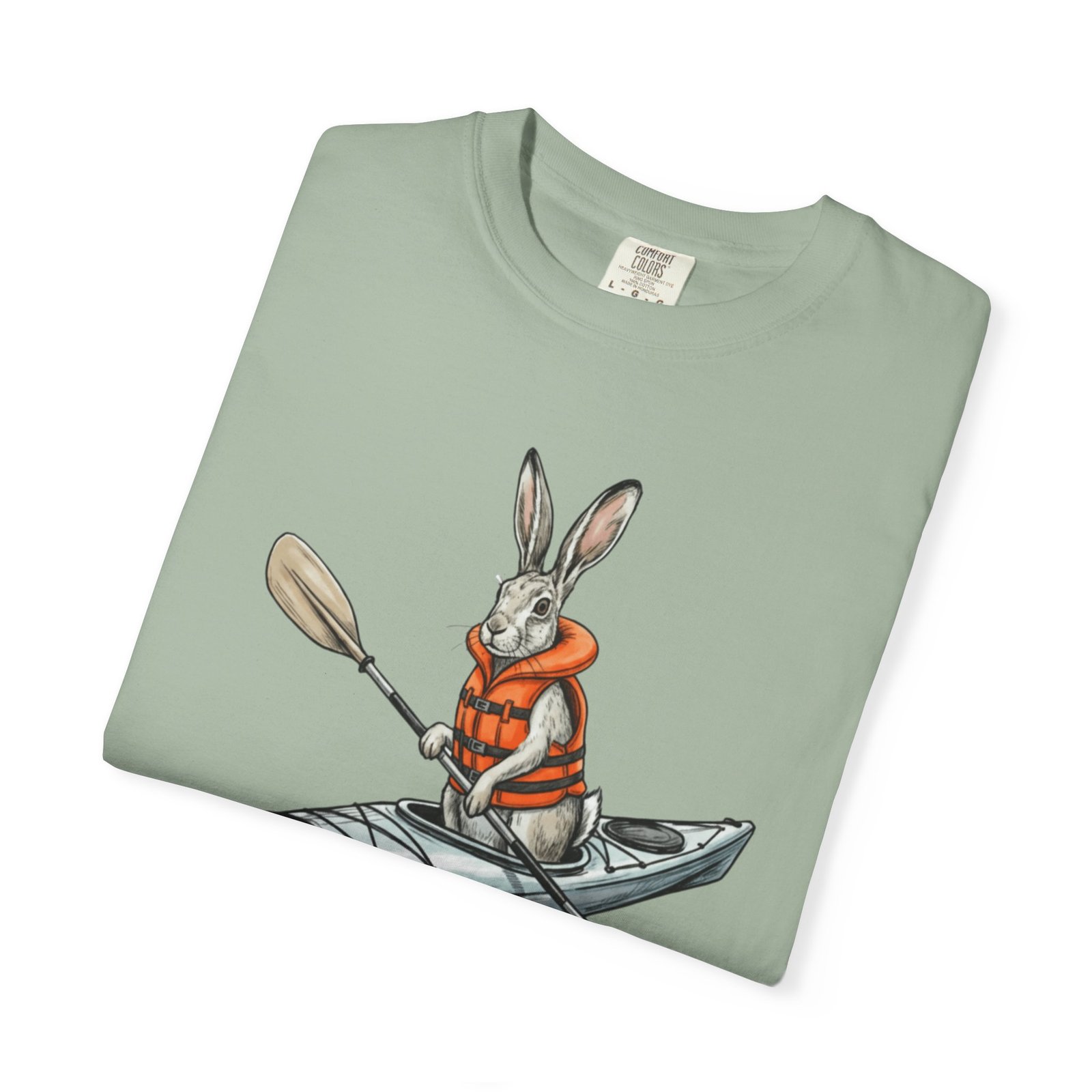 Kayaking Rabbit T-Shirt — Rabbit in Life Jacket Paddling Kayak Graphic on Comfort Colors 1717 Tee - Image 2