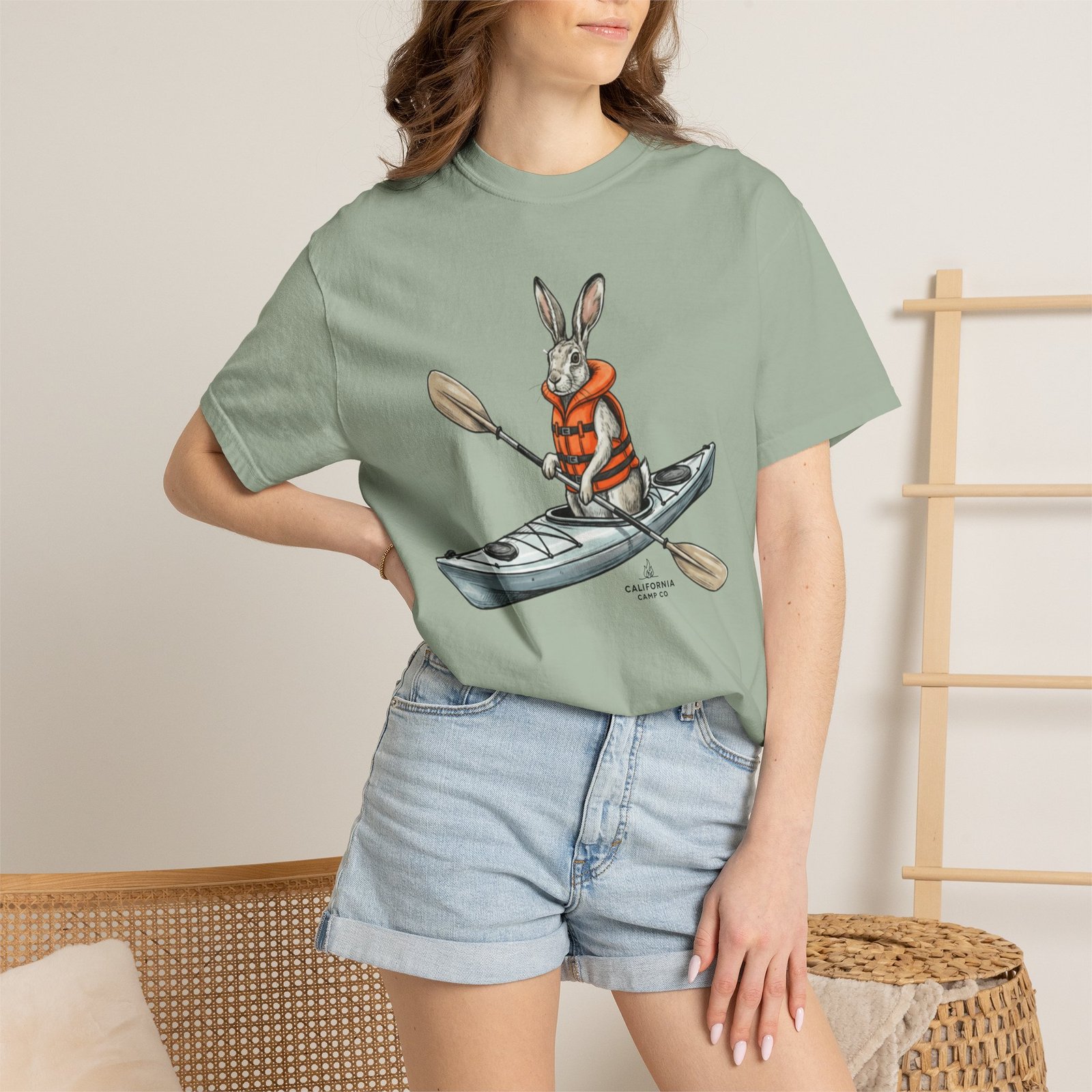 Kayaking Rabbit T-Shirt — Rabbit in Life Jacket Paddling Kayak Graphic on Comfort Colors 1717 Tee - Image 3