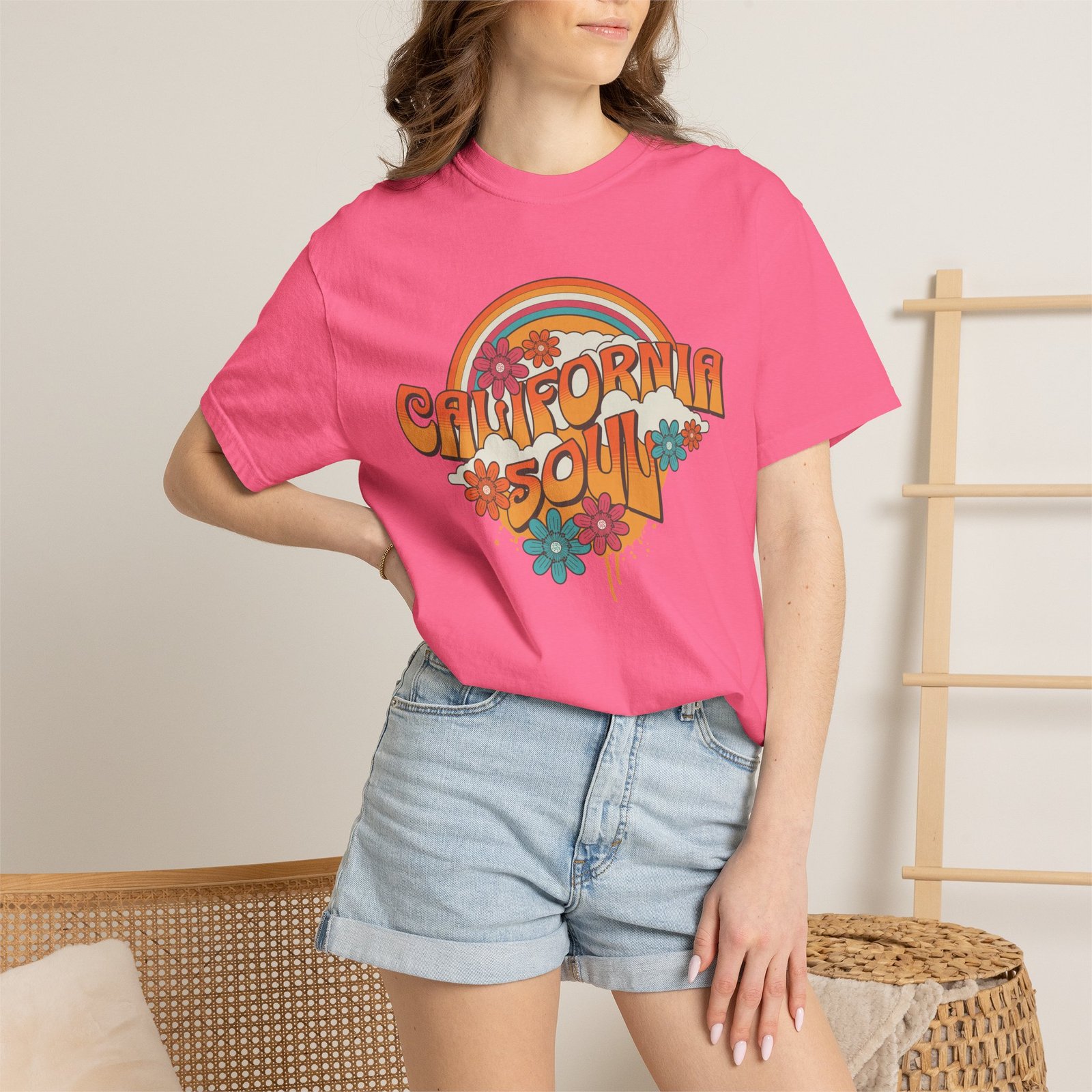 California Soul T-Shirt - Retro Rainbow Floral Graphic on Comfort Colors 1717 Tee - Image 56