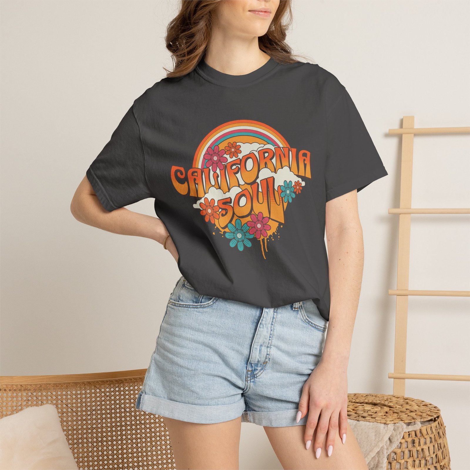 California Soul T-Shirt - Retro Rainbow Floral Graphic on Comfort Colors 1717 Tee - Image 44